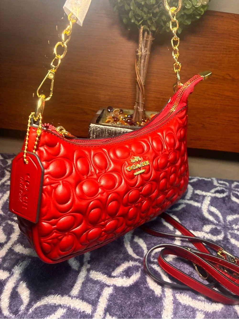 Coach Quilted Signature Leather Shoulder Bag in Red